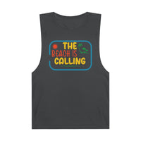 Printify eco-friendly tank top in dark gray with colorful The Beach Is Calling graphic design