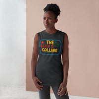 Printify eco-friendly tank top with colorful The Beach is Calling graphic worn by woman