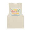 Printify eco-friendly tank top in beige with colorful The Beach Is Calling graphic design