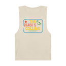 Printify eco-friendly tank top in beige with colorful The Beach Is Calling graphic design