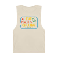 Printify eco-friendly tank top in beige with colorful The Beach Is Calling graphic design