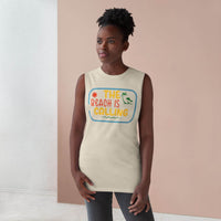 Printify eco-friendly tank top with the phrase The Beach Is Calling and colorful beach-themed graphics