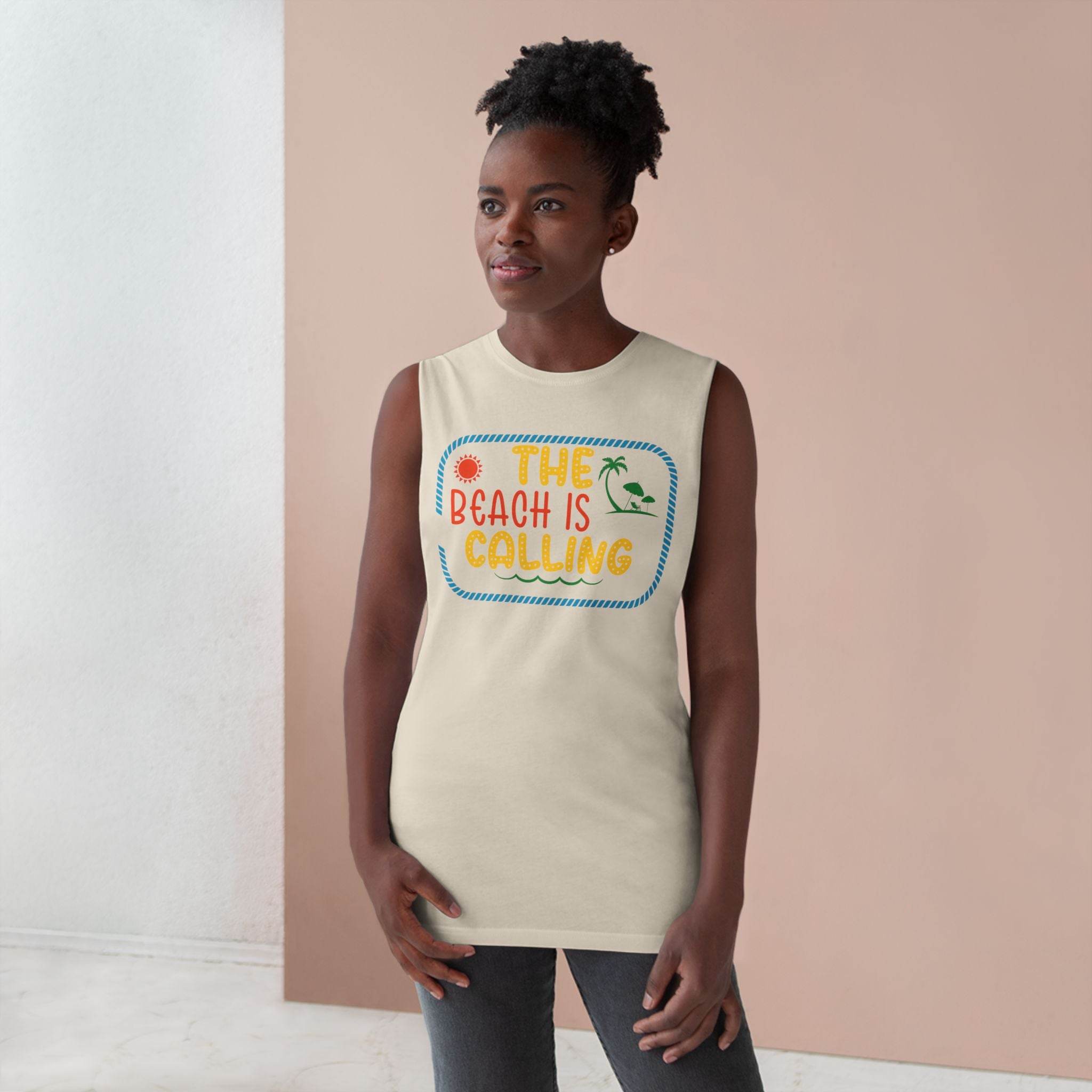 Printify eco-friendly tank top with the phrase The Beach Is Calling and colorful beach-themed graphics