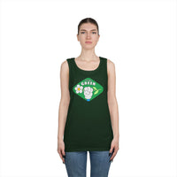 Woman wearing dark green eco-friendly tank top with think green printed design and blue jeans
