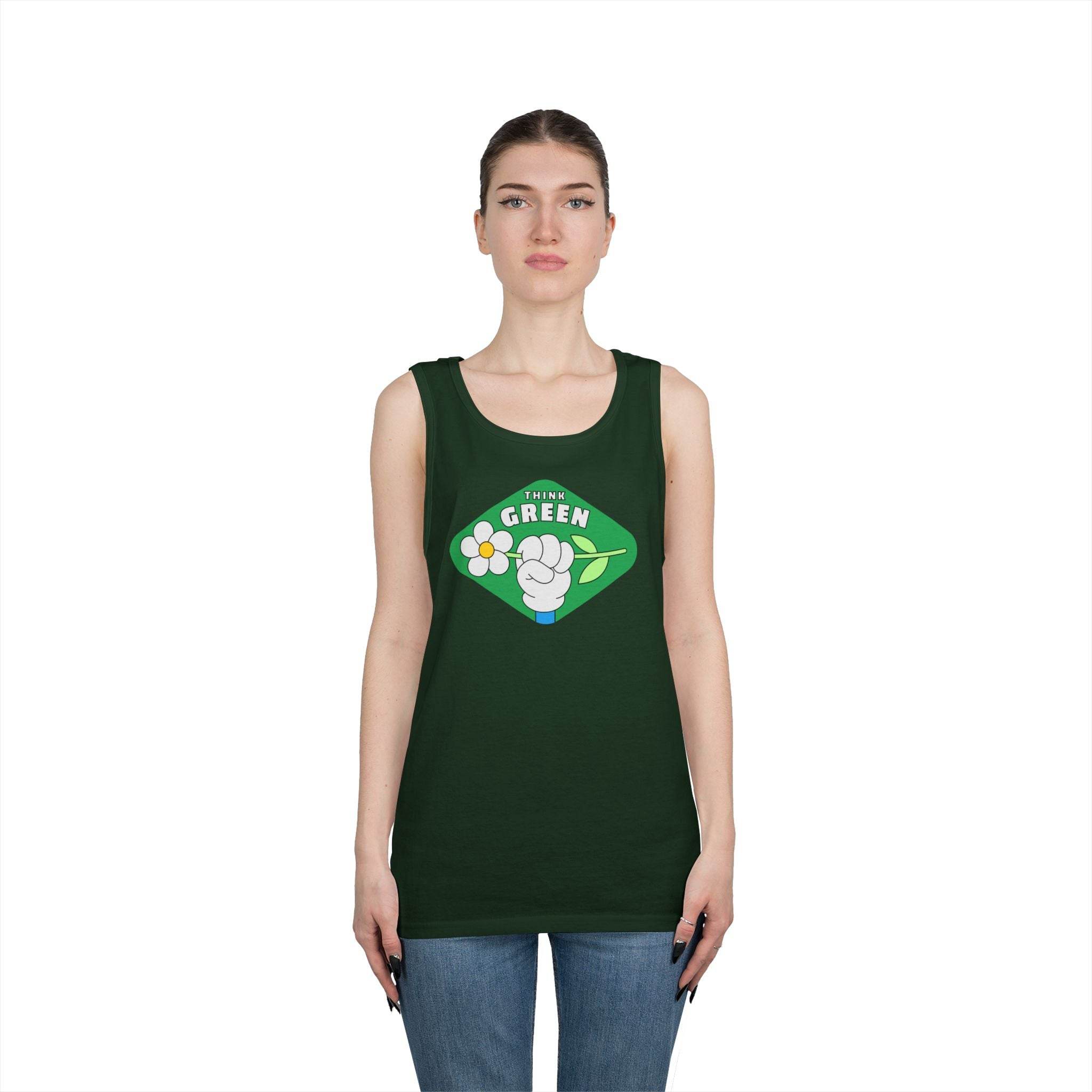 Woman wearing dark green eco-friendly tank top with think green printed design and blue jeans