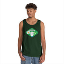 Printify eco-friendly tank top in dark green featuring think green graphic with flower and fist design