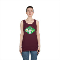 Woman wearing a maroon eco-friendly tank top with green Think Green graphic design