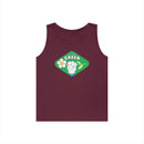 Maroon eco-friendly tank top from Printify with Think Green graphic and flower design