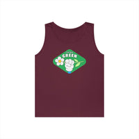 Maroon eco-friendly tank top from Printify with Think Green graphic and flower design