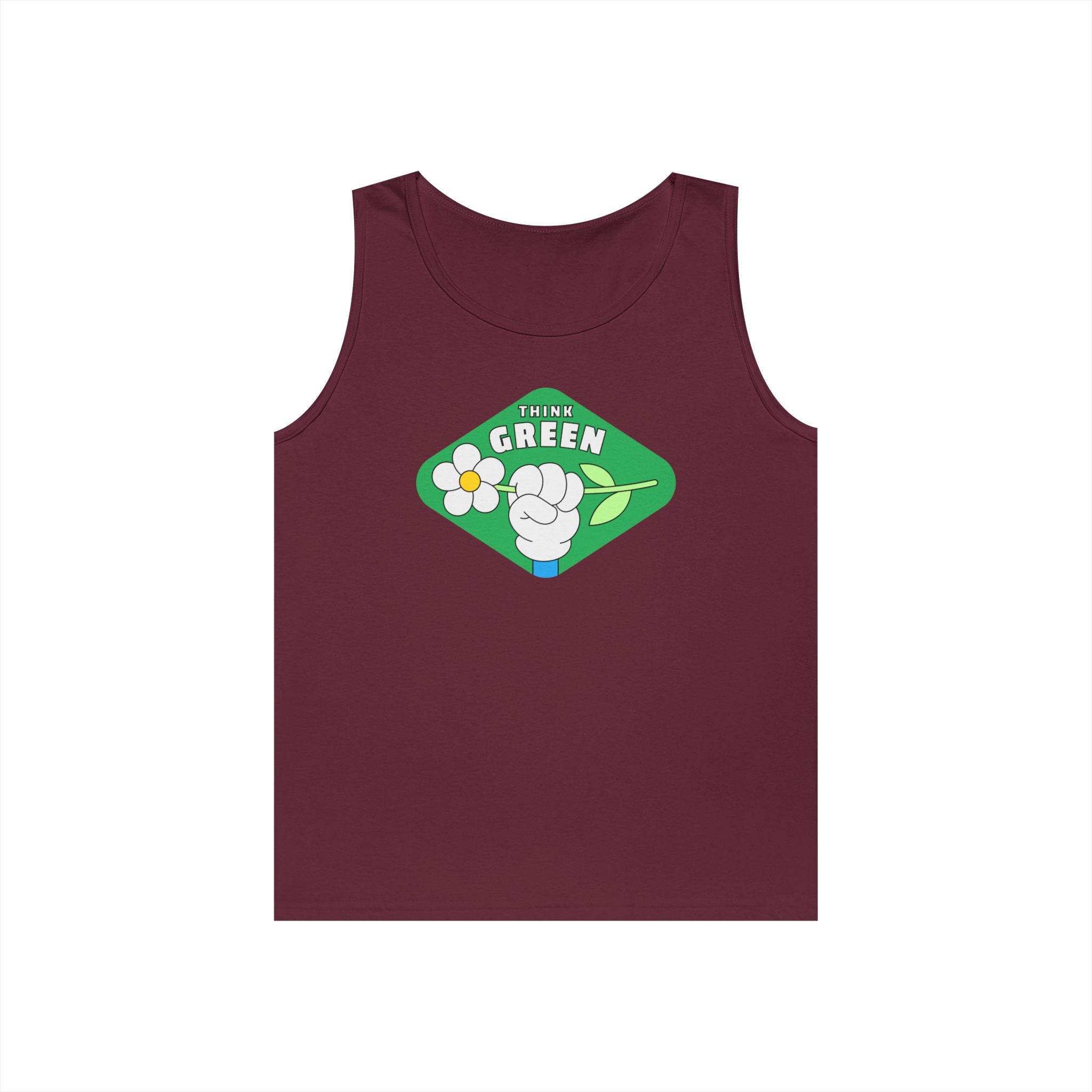 Maroon eco-friendly tank top from Printify with Think Green graphic and flower design