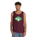 Printify eco-friendly tank top in maroon with think green graphic worn by male model