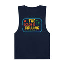 Printify navy blue eco-friendly tank top with colorful The Beach Is Calling graphic