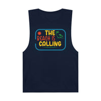 Printify navy blue eco-friendly tank top with colorful The Beach Is Calling graphic