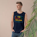 Man wearing a Printify eco-friendly tank top with beach-themed colorful text design