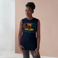 Woman wearing a navy blue eco-friendly tank top with colorful The Beach Is Calling graphic print