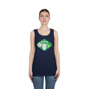 Printify eco-friendly tank top in navy blue with green Think Green graphic worn by woman