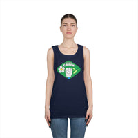 Printify eco-friendly tank top in navy blue with green Think Green graphic worn by woman