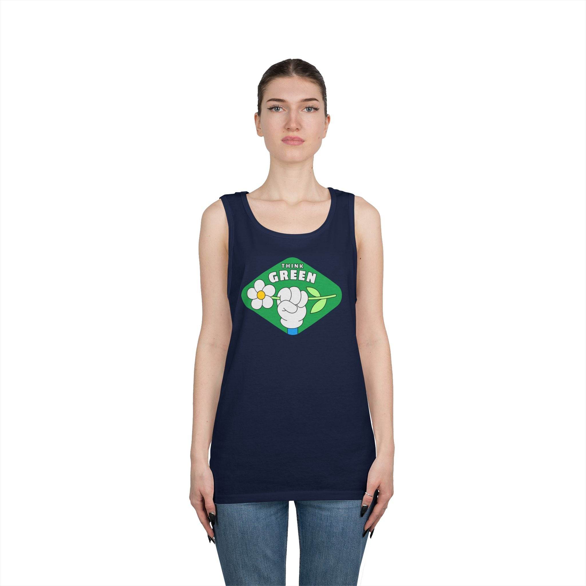 Printify eco-friendly tank top in navy blue with green Think Green graphic worn by woman