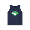 Printify navy blue eco-friendly tank top with think green graphic and flower design