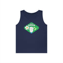 Printify navy blue eco-friendly tank top with think green graphic and flower design