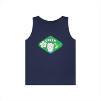 Printify navy blue eco-friendly tank top with think green graphic and flower design