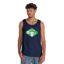 Printify navy blue eco-friendly tank top with Think Green graphic worn by male model
