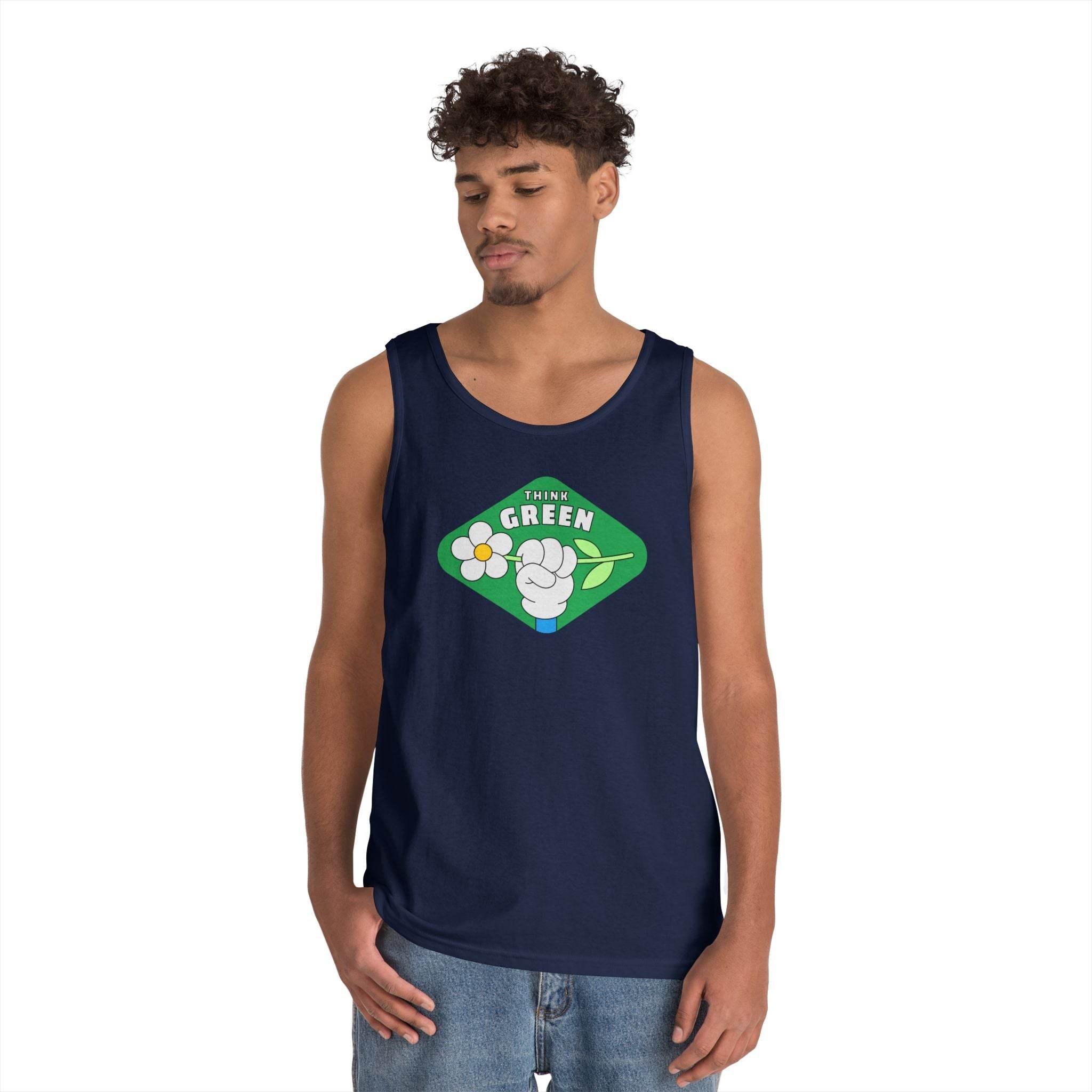 Printify navy blue eco-friendly tank top with Think Green graphic worn by male model