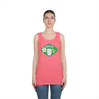 Woman wearing a pink eco-friendly tank top with Think Green design by Printify