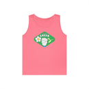 Pink Printify eco-friendly tank top with Think Green graphic and flower illustration