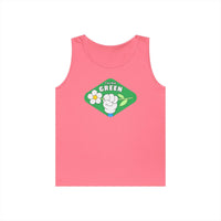 Pink Printify eco-friendly tank top with Think Green graphic and flower illustration