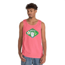 Printify pink eco-friendly tank top with Think Green graphic worn by male model