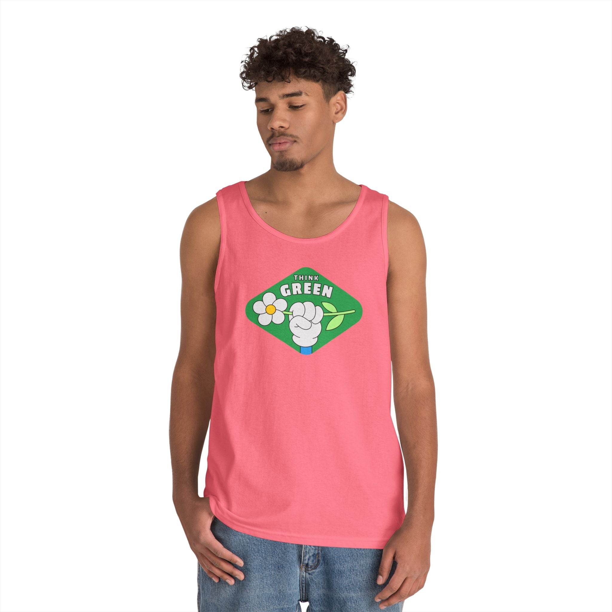 Printify pink eco-friendly tank top with Think Green graphic worn by male model
