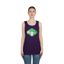 Printify purple eco-friendly tank top with green Think Green graphic worn by female model