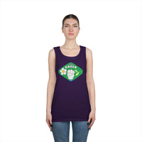 Printify purple eco-friendly tank top with green Think Green graphic worn by female model
