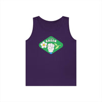 Purple Printify eco-friendly tank top with think green graphic holding a flower and leaf