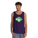 Man wearing a purple eco-friendly tank top with green Think Green graphic from Printify