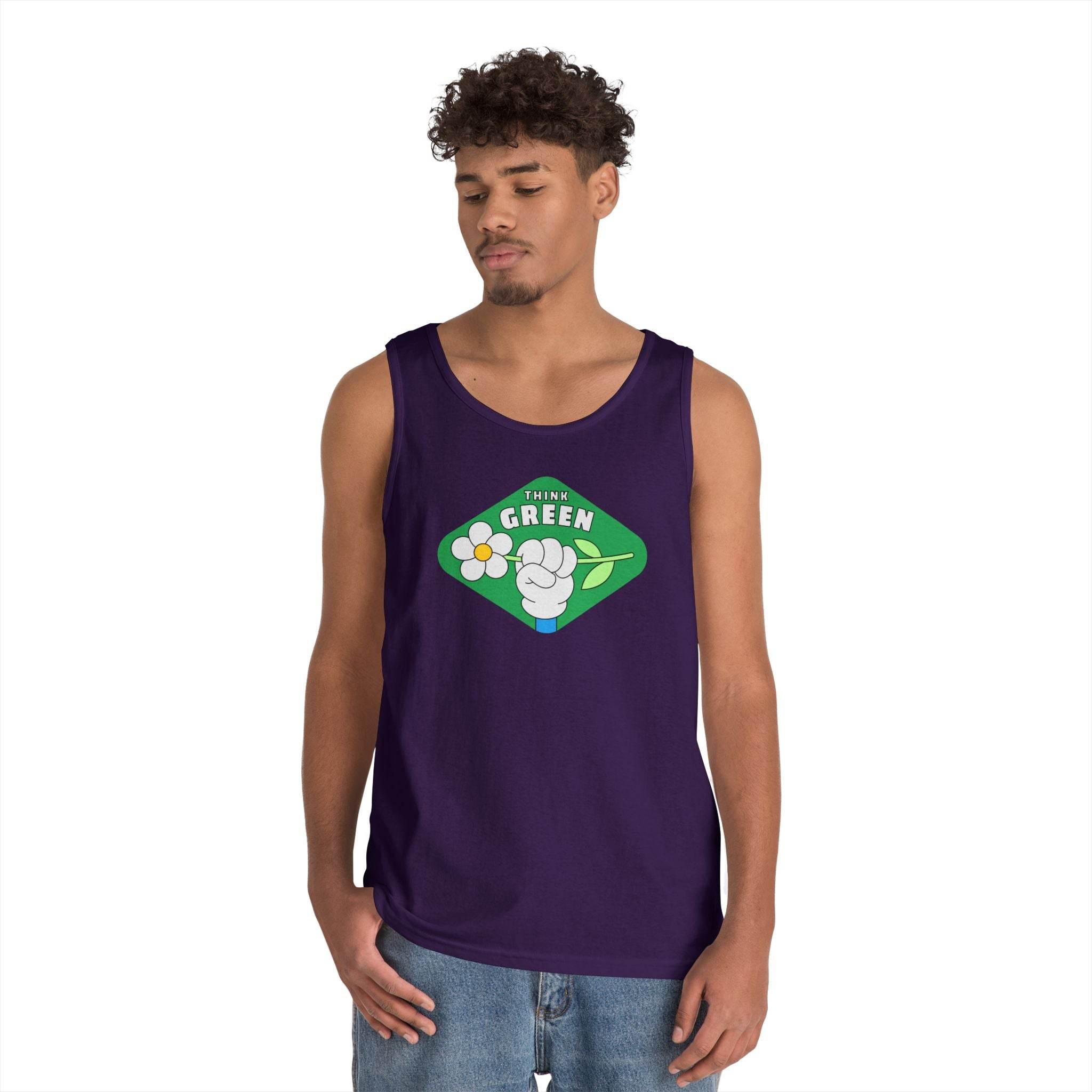 Man wearing a purple eco-friendly tank top with green Think Green graphic from Printify