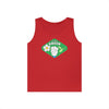 Red eco-friendly tank top by Printify with think green graphic and flower design