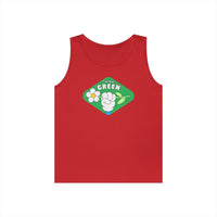 Red eco-friendly tank top by Printify with think green graphic and flower design