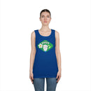 Printify eco-friendly tank top in blue with Think Green graphic worn by woman