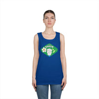 Printify eco-friendly tank top in blue with Think Green graphic worn by woman
