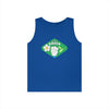 Blue Printify eco-friendly tank top with green think green graphic and flower design