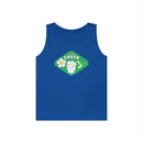 Blue Printify eco-friendly tank top with green think green graphic and flower design