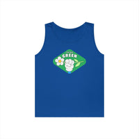 Blue Printify eco-friendly tank top with green think green graphic and flower design
