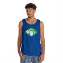 Blue eco-friendly tank top from Printify with Think Green graphic worn by man