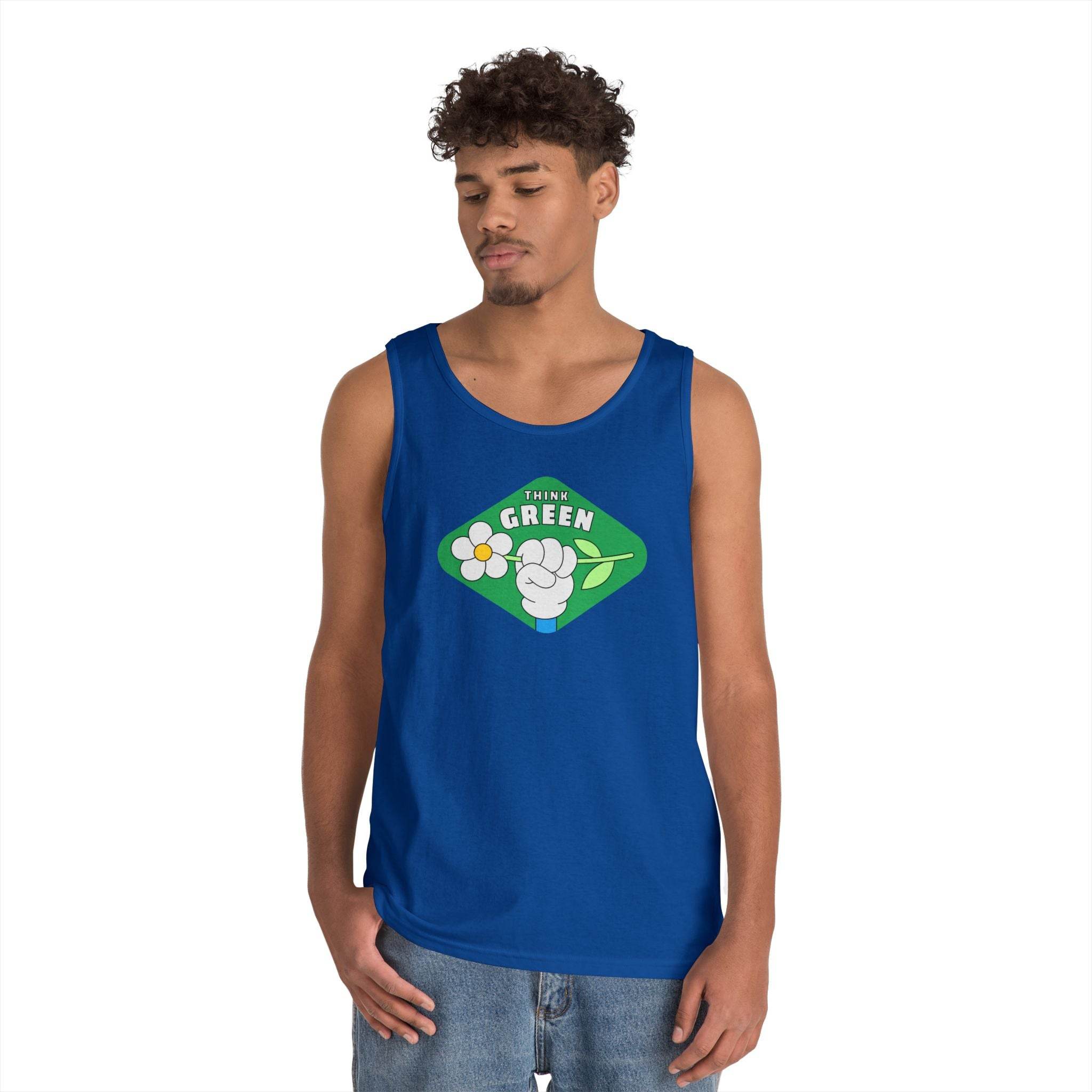 Blue eco-friendly tank top from Printify with Think Green graphic worn by man