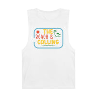 White eco-friendly tank top by Printify with colorful The Beach Is Calling graphic and tropical design