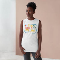 Eco-friendly tank top from Printify with The Beach is Calling colorful print worn by woman