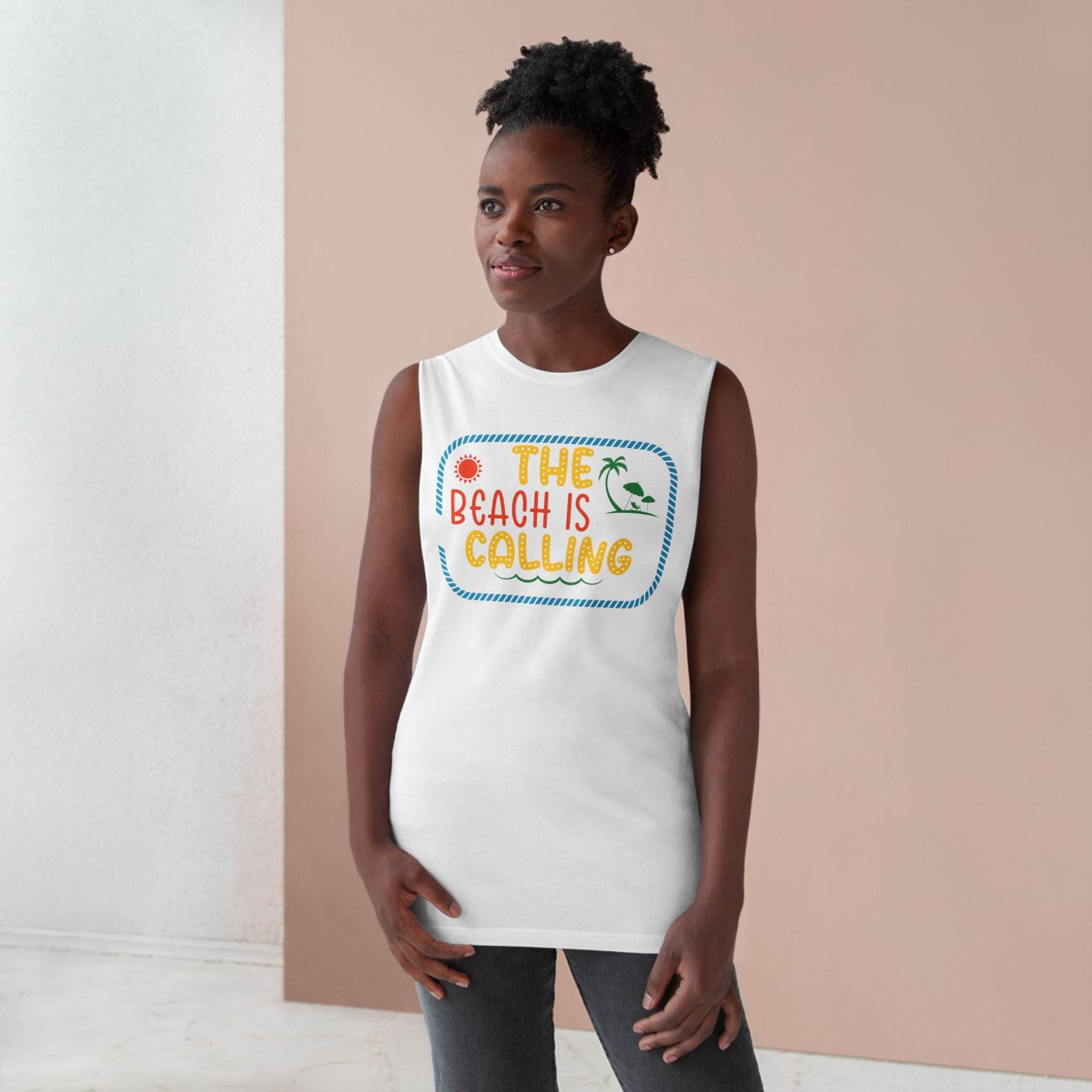 Eco-friendly tank top from Printify with The Beach is Calling colorful print worn by woman