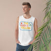 Printify white eco-friendly tank top with The Beach Is Calling graphic worn by man in casual outfit